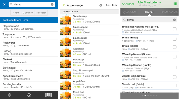 Nederlandse databases in eet-apps, met o.a. Hema, Appelsientje en Brinta producten