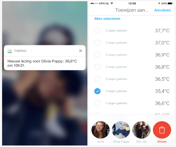 Een temperatuurmeting kun direct op de Thermo of via de Thermo app toewijzen aan een van de gebruikers